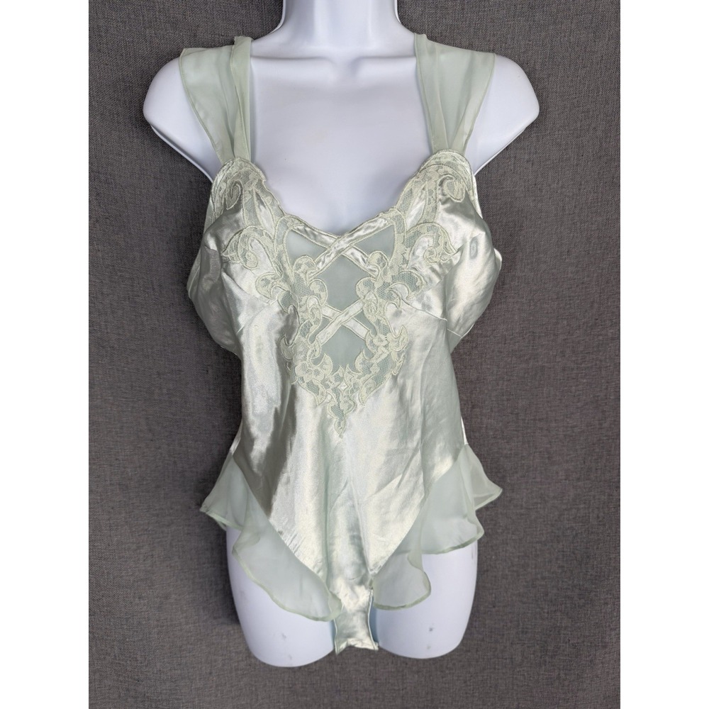 Vintage Delicates Green Satin Teddy Bodysuit Lingerie Womens Small 90s